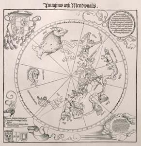 Mapa del cielo del sur, con representaciones de constelaciones, decorado con el escudo del Cardenal Lang von Wellenburg, y una dedicatoria a él con sus escudos de armas y el copyright imperial, 15